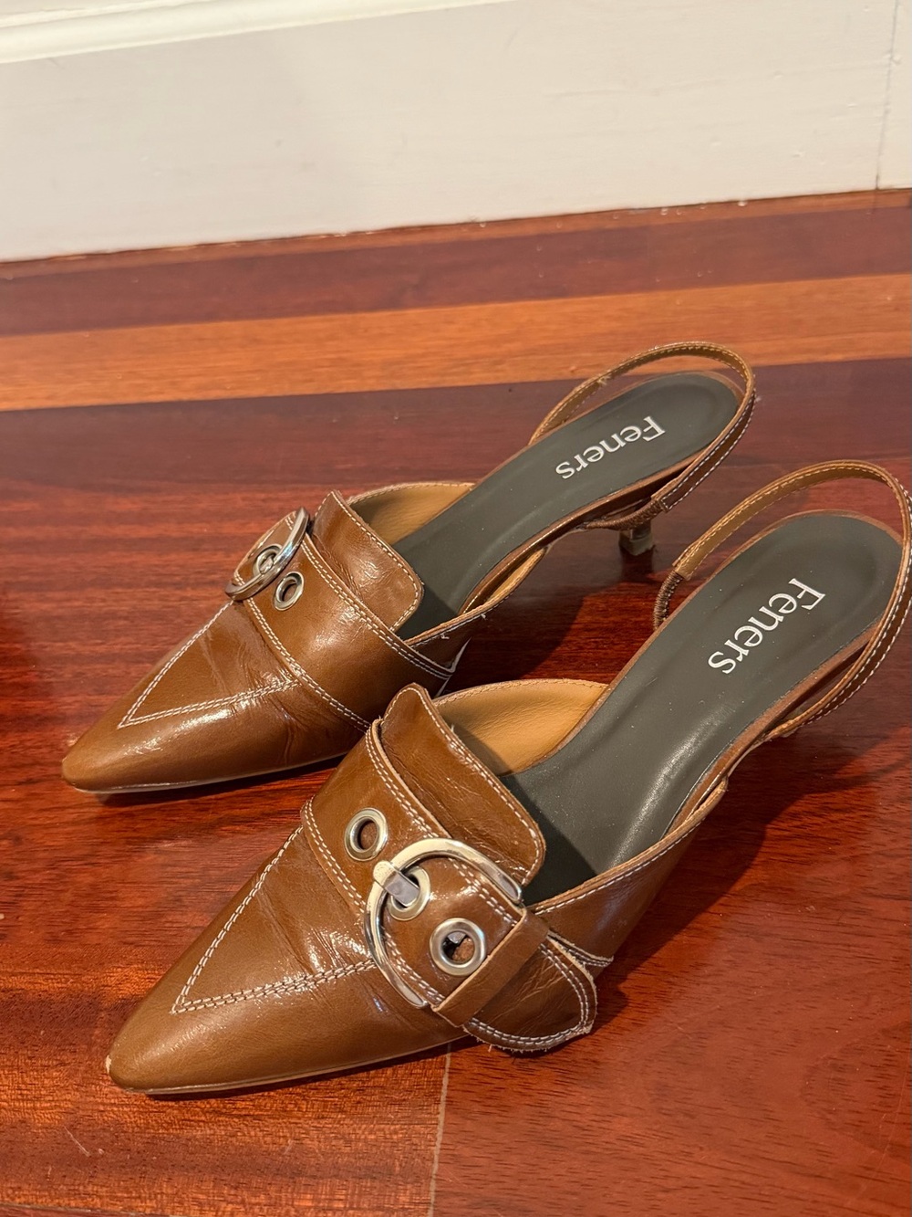 Women's Brown Pointed Slingback Heels with Buckle Accent